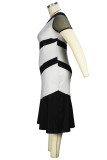 Noir blanc élégant bloc de couleur Patchwork col rond trompette sirène robes de grande taille