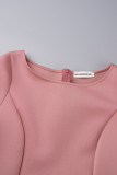 Patchwork sólido de celebridades rosa com cinto, decote em O, vestidos evasê (cinto incluído)