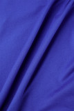 Azul profundo sexy sólido retalhos dobra decote em v saia enrolada vestidos plus size