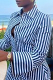 Black Casual Striped Print Patchwork Turndown Collar Long Sleeve Mini Shirt Dresses