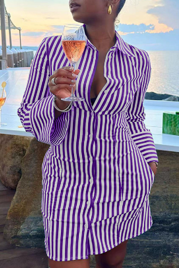 Purple Casual Striped Print Patchwork Turndown Collar Long Sleeve Mini Shirt Dresses