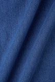 Blauwe straat effen patchwork zakgesp hoge opening kraag losse denim jurken met lange mouwen