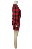 Red Street Plaid Patchwork O Neck Long Sleeve Two Pieces