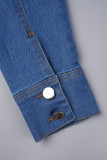 Blaue Street Solid Patchwork-Taschenschnalle, hohe Öffnung, Umlegekragen, lange Ärmel, lockere Denim-Kleider