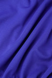Blu elegante tinta unita patchwork fibbia cinghie incrociate colletto della camicia manica lunga due pezzi