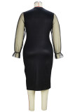 Zwarte elegante kleurblok patchwork mesh O-hals kokerrok plus maten jurken