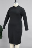 Schwarze Promi-Kleider in Übergröße mit einfarbigem Patchwork-O-Ausschnitt und Wickelrock