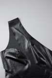 Schwarze, sexy, solide, ausgehöhlte Patchwork-Kleider mit asymmetrischem Kragen und unregelmäßigem Kleid