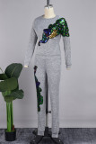 Grey Casual Print Sequins Patchwork Pocket O Neck Long Sleeve Two Pieces