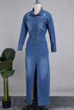 Blue Street – robes en Denim amples, couleur unie, Patchwork, boucle de poche, ouverture haute, col rabattu, manches longues