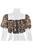 Luipaardprint Sexy luipaardpatchwork T-shirts met vierkante kraag