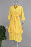 Robes trapèze jaunes élégantes à bandes solides, patchwork, col en V