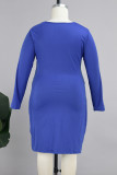Deep Blue Sexy Solid Patchwork Fold V Neck Wrapped Skirt Plus Size Dresses