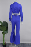 Blu elegante tinta unita patchwork fibbia cinghie incrociate colletto della camicia manica lunga due pezzi