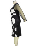 Black Elegant Color Block Patchwork Mesh O Neck Pencil Skirt Plus Size Dresses