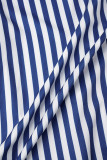 ブルー カジュアル ストライプ プリント パッチワーク ターンダウン カラー 長袖 ドレス