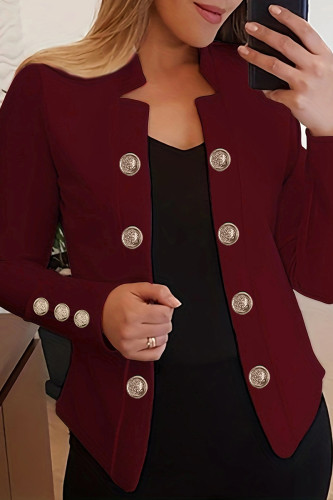 Burgundy Casual Solid Buttons Turn-back Collar Outerwear