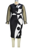 Black Elegant Color Block Patchwork Mesh O Neck Pencil Skirt Plus Size Dresses
