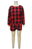Red Street Plaid Patchwork O Neck Long Sleeve Two Pieces