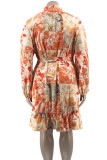 Rozerode elegante print patchwork lotusblad kraag lange mouwen grote maten jurken