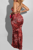 Rode elegante print patchwork rugloze spaghettiband lange jurk grote maten jurken