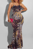Zwarte elegante print patchwork rugloze spaghettiband lange jurk grote maten jurken