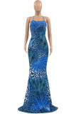 Синее элегантное лоскутное платье с открытой спиной и бретельками, длинное платье, платья больших размеров