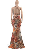 Mandarinenrotes elegantes Patchwork-Patchwork-rückenfreies langes Kleid mit Spaghettiträgern in Übergröße