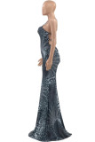 Zwarte elegante print patchwork rugloze spaghettiband lange jurk grote maten jurken