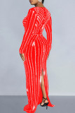 Rode elegante patchwork split hete boor lange jurk jurken