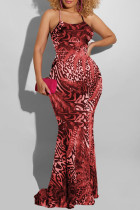 Vestido longo vermelho elegante estampado patchwork sem costas com alça espaguete vestidos plus size