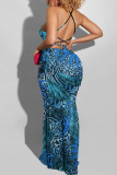 Vestido longo azul elegante estampado patchwork sem costas com alça espaguete vestidos plus size