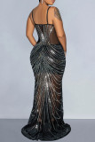 Black Elegant Patchwork See-through Hot Drill Spaghetti Strap Long Dress Dresses