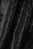 Zwarte sexy effen pailletten patchwork rugloze spaghettibandjes gewikkelde rokjurken