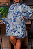 コーヒーエレガントなプリントパッチワーク蓮の葉の襟長袖プラスサイズのドレス