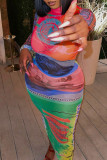 Vestidos de vestido estampado com estampa de rua colorida patchwork com decote em O