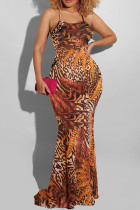 Mandarijnrode elegante print patchwork rugloze lange jurk met spaghettibandjes Grote maten jurken