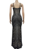 Zwarte elegante patchwork doorzichtige lange jurk met spaghettibandjes en hete boor