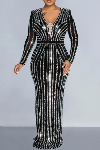 Black Elegant Patchwork Slit Hot Drill Long Dress Dresses
