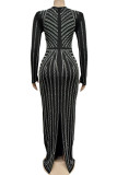 Black Elegant Patchwork Slit Hot Drill Long Dress Dresses