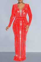 Красное элегантное длинное платье в стиле пэчворк с разрезом Hot Drill