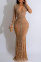 Abrikoos elegante patchwork doorzichtige lange jurk met lange boormachine en V-hals