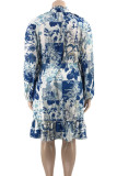 ブルーのエレガントなプリント パッチワーク ロータス リーフ カラー長袖プラス サイズ ドレス