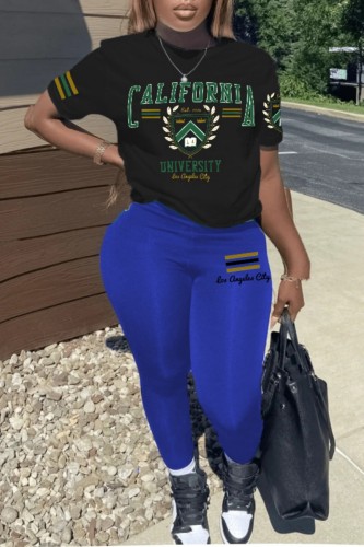 Blue Black Casual Letter Print Basic O Neck Short Sleeve Two Pieces T-shirts Tops And Skinny Pants Sets