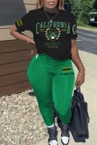 Black Green Casual Letter Print Basic O Neck Short Sleeve Two Pieces T-shirts Tops And Skinny Pants Sets