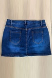 Deep Blue Street Solid Patchwork Pocket Buttons Zipper Mid Waist Skinny Denim Mini Skirts