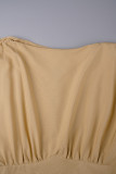 Dunkelorangefarbenes, elegantes, einfarbiges Patchwork-Kleid mit Kordelzug, O-Ausschnitt und einstufigem Rock