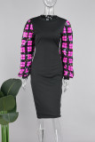 Zwarte casual patchwork pailletten O-hals jurken met lange mouwen