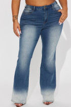 Blaue Street-Jeans mit Patchwork-Taschen, Knöpfen, Reißverschluss und mittlerer Taille und Boot-Cut-Denim im allmählichen Wechsel