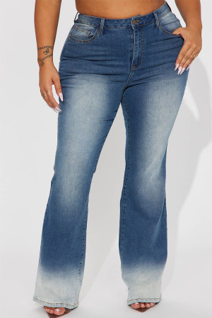Blue Street Gradual Change Patchwork Pocket Buttons Zipper Mid Waist Boot Cut Denim Jeans
